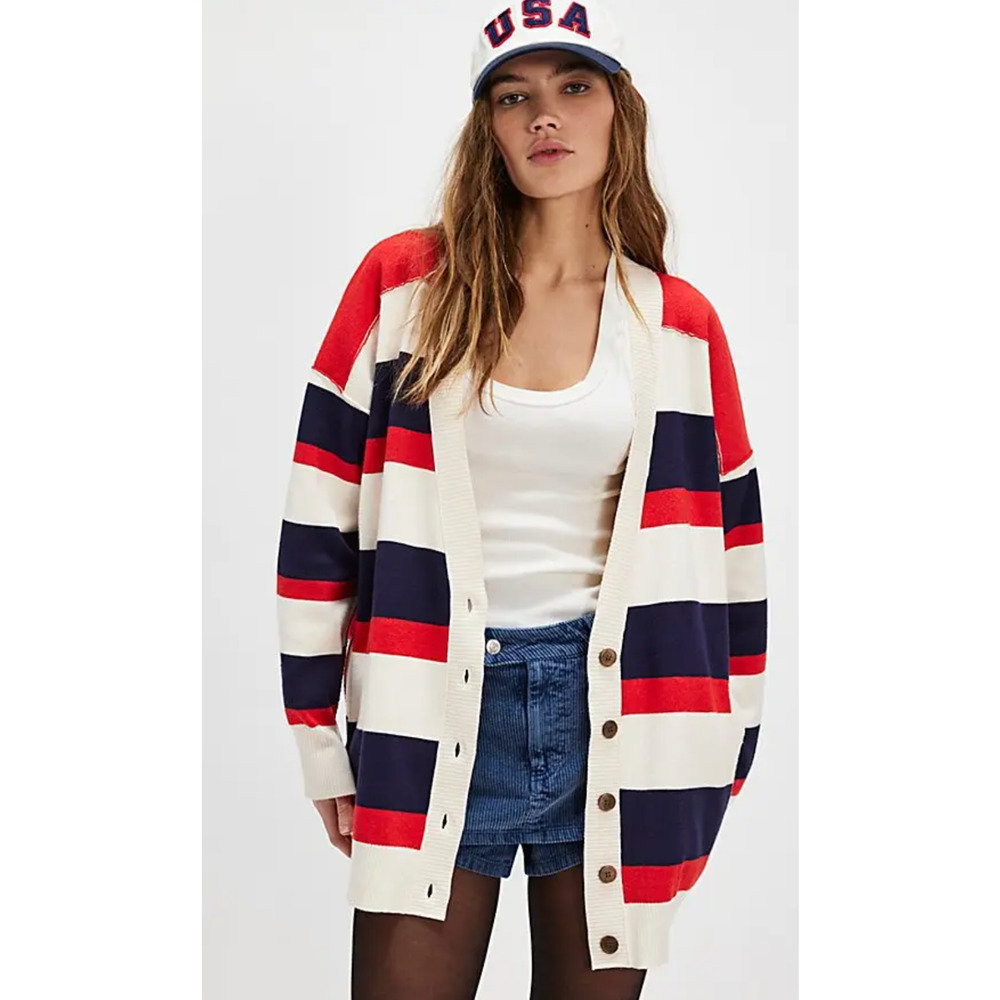 NEW FREE PEOPLE AMERICANA COMBO LEAGUE OF HER OWN STRIPED CARDIGAN SWEATER SZ S